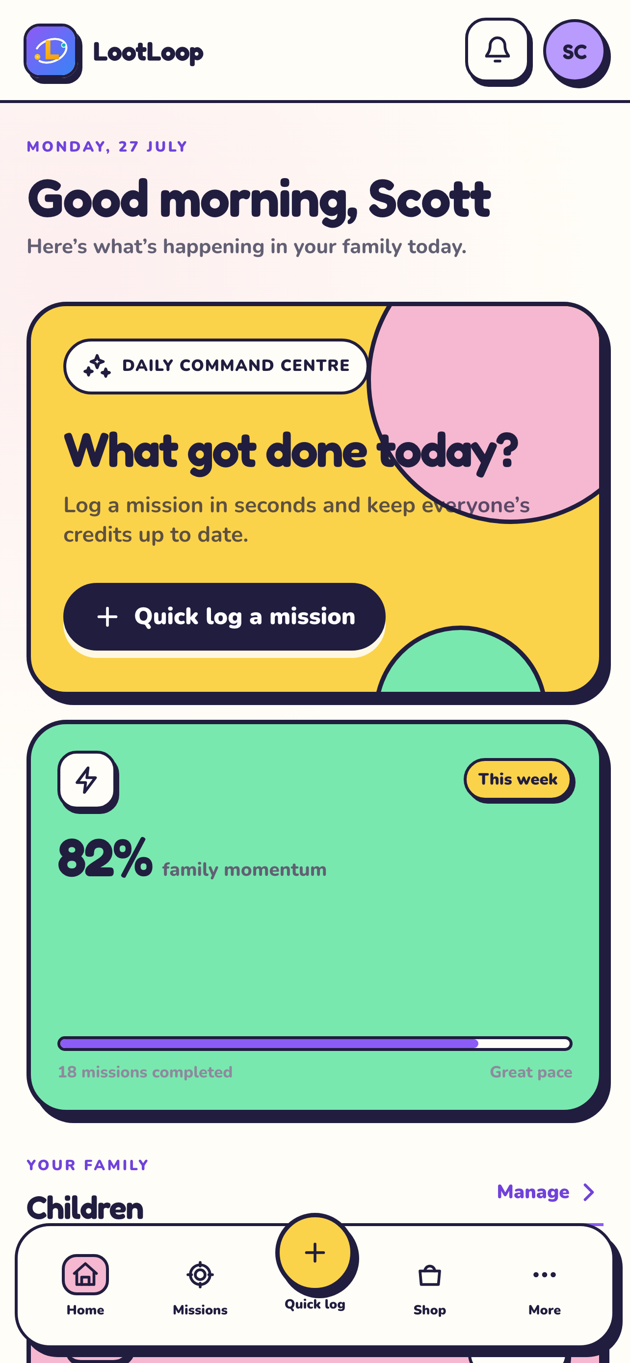 LootLoop family dashboard with daily missions and family momentum