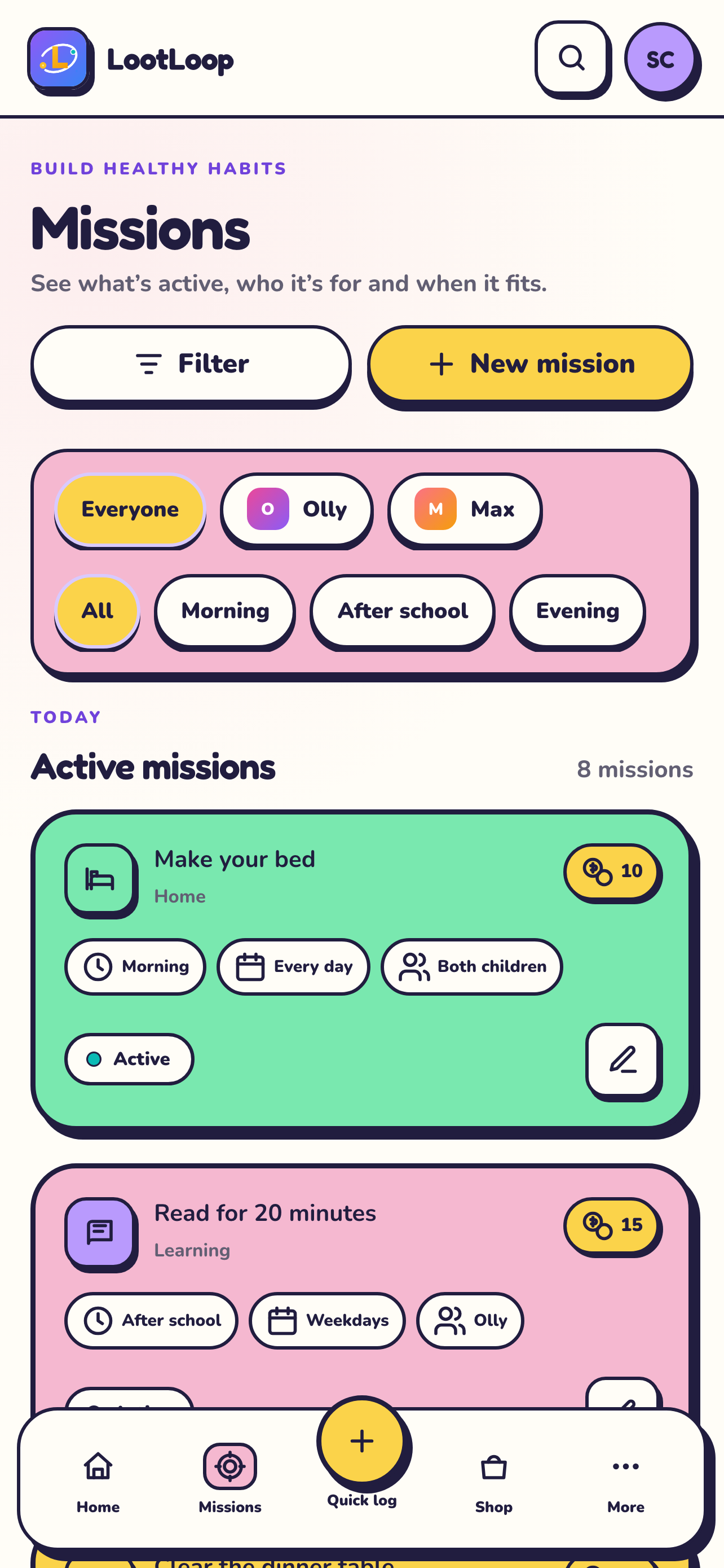 LootLoop missions screen with routines and credit values